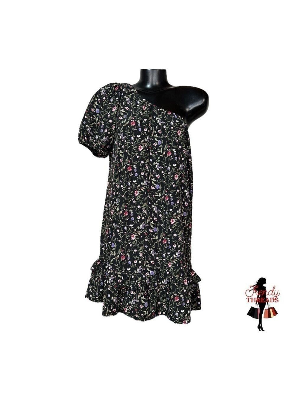 French Grey NEW One Shoulder Ruffle Dress Medium Large Dark Floral Black Boho